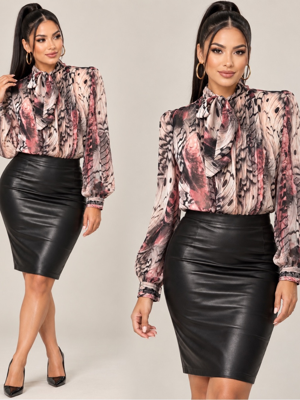 Jennifer Lopez Feather-Print Tie-Neck Blouse in Pink and Black